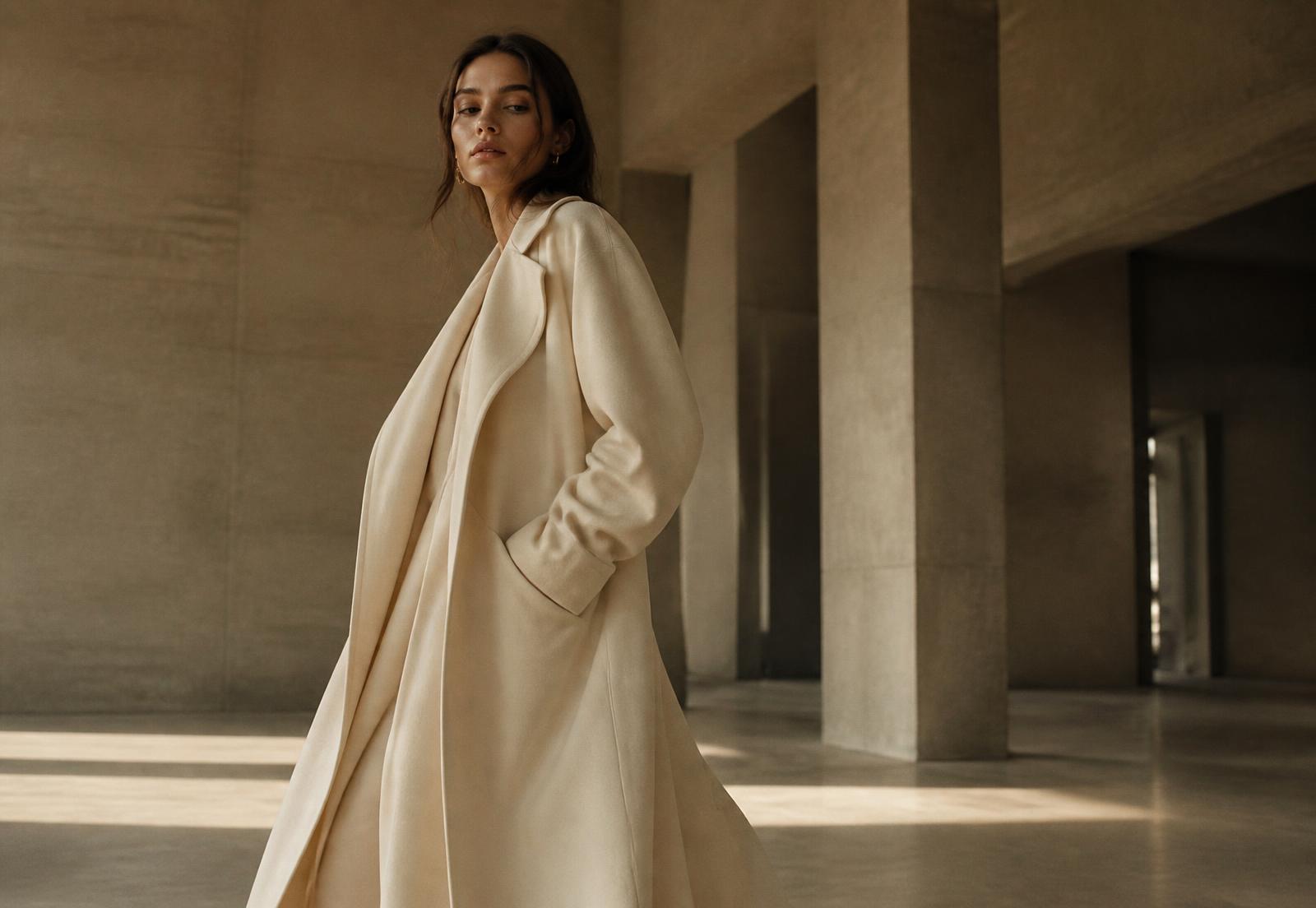 SELECTO autumn campaign: model in an ivory wool coat